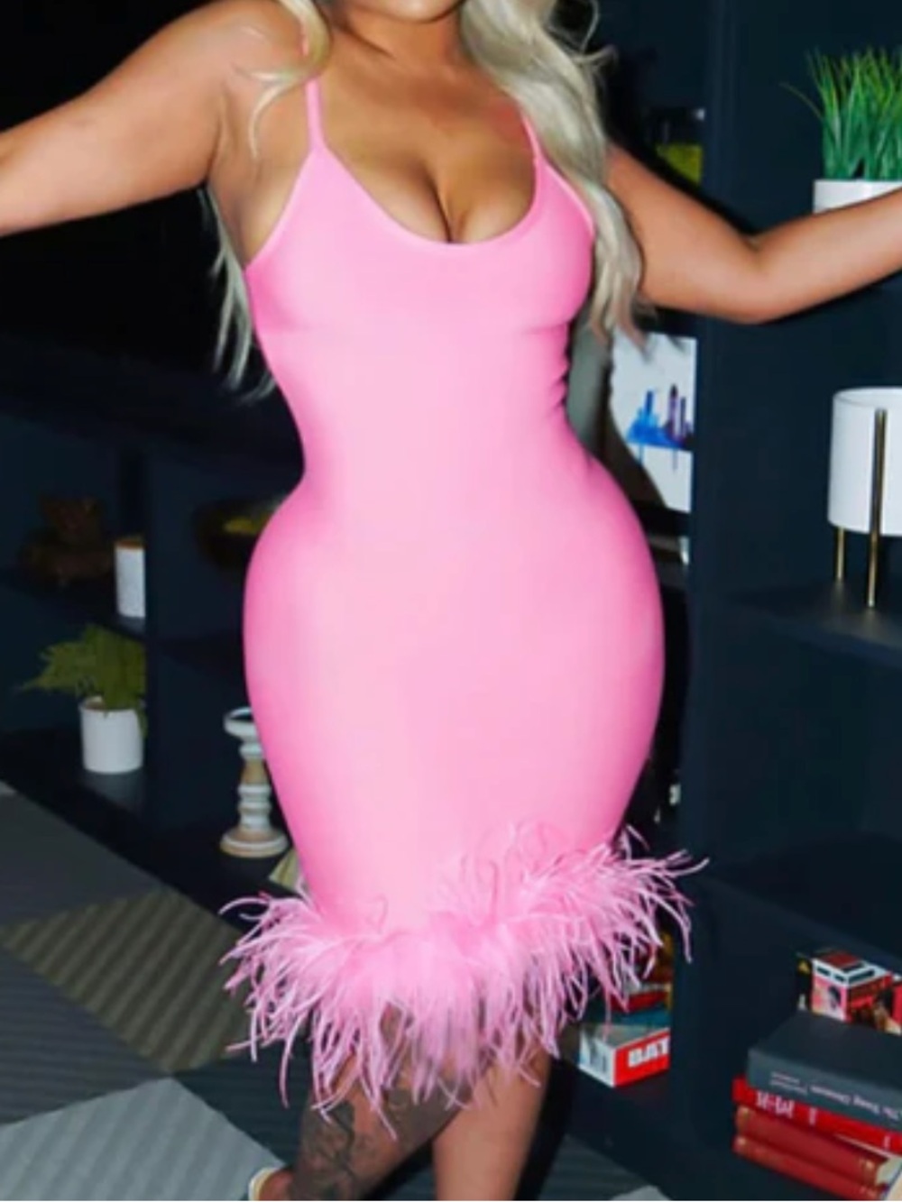 Fashion Nova Hot Pink Feather-Trim Mini Slip Dress